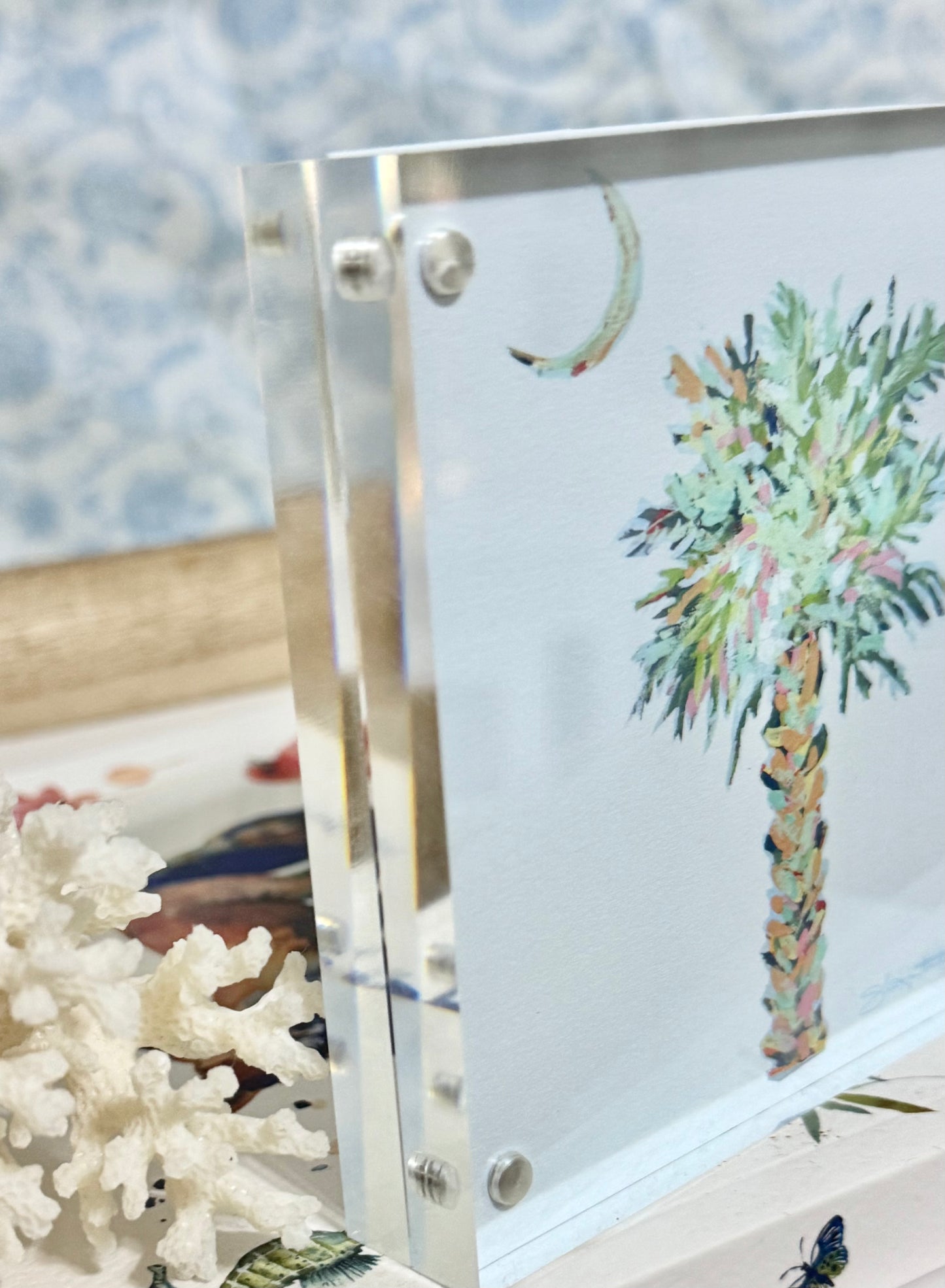 Palm and Moon – Modern Coastal Palm Acrylic Block Art Print | 4x4 Pack of 4 or 8x8 Pack of 2 | Wholesale Coastal Decor