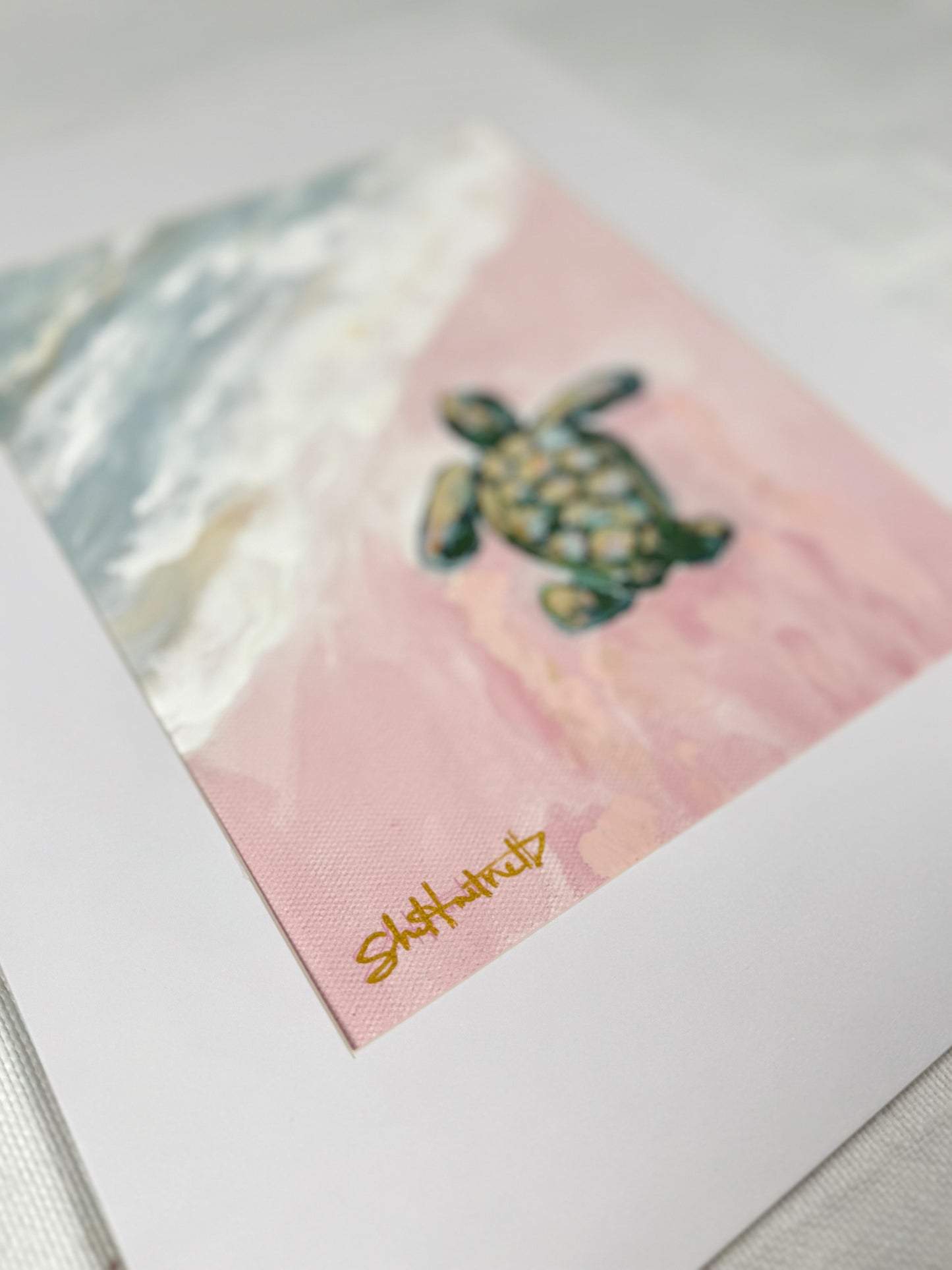 Hand-embellished -"First Swim" Sea Turtle -Canvas Print 8x10
