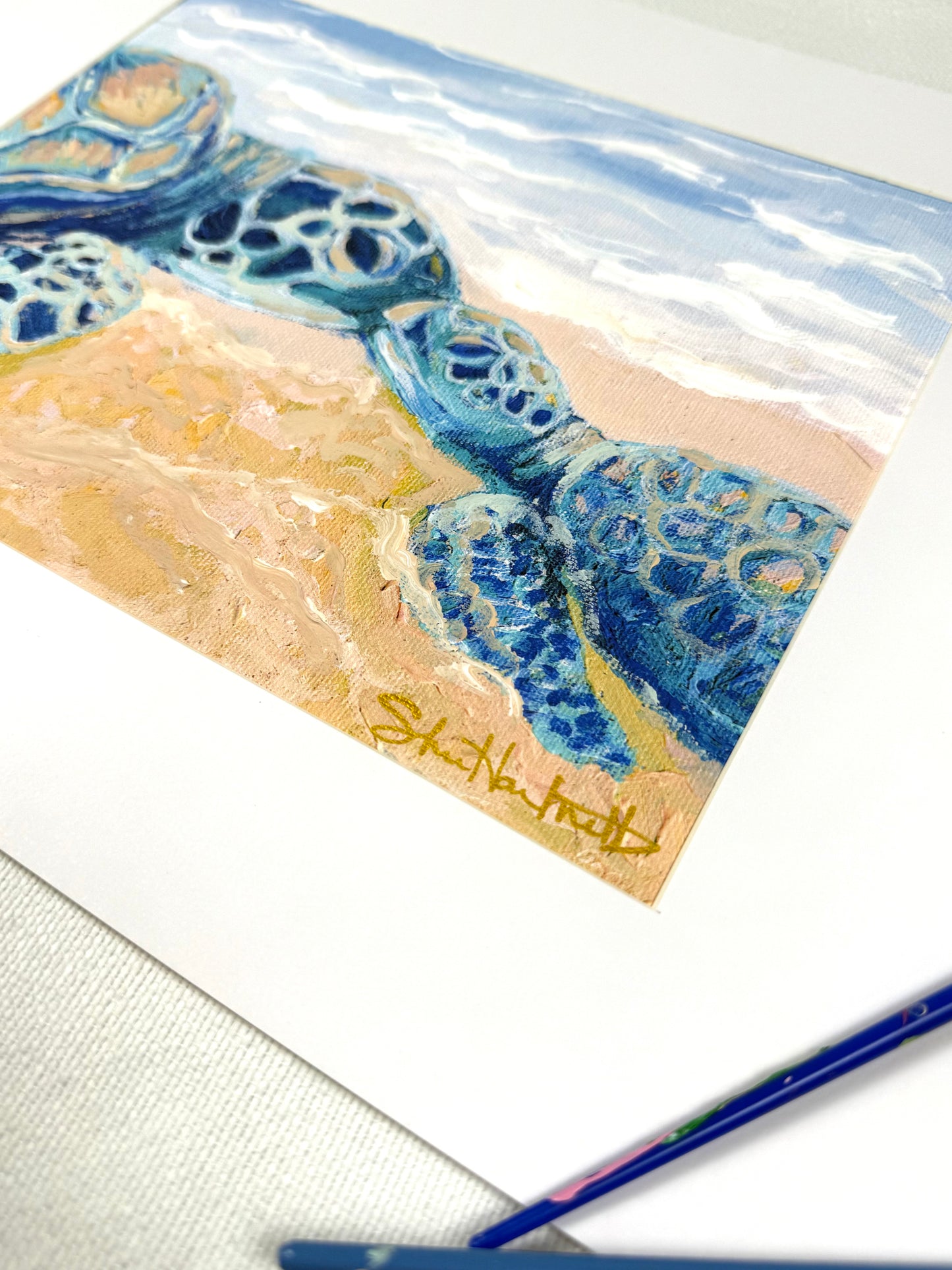 Hand-embellished -"First Meeting" Sea Turtle -Canvas Print 8x10