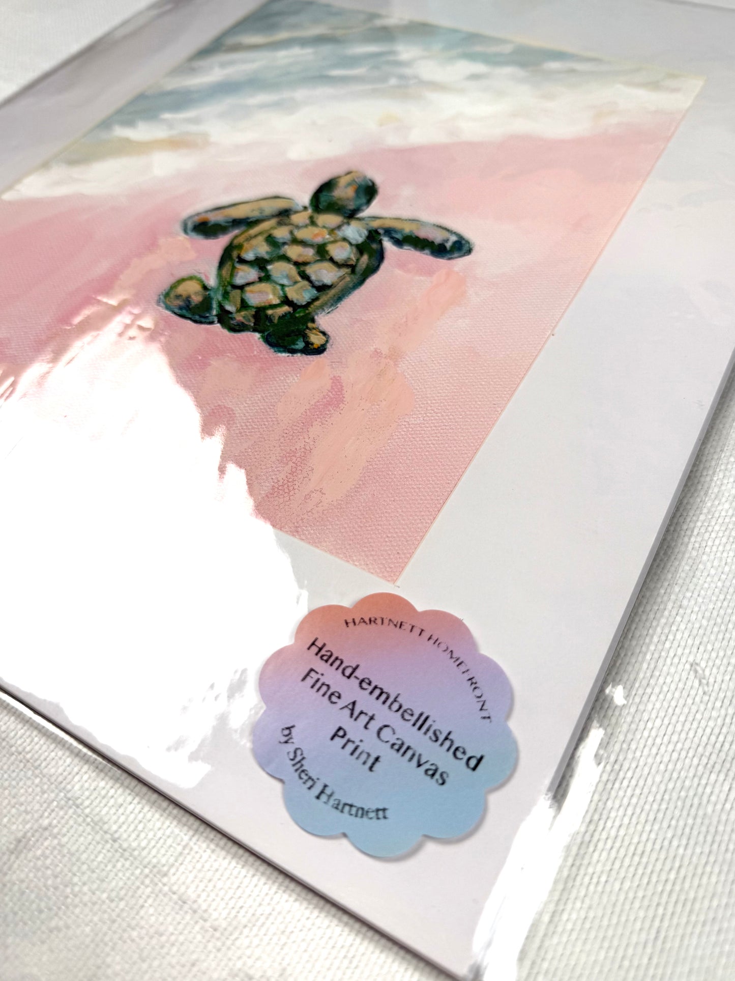 Hand-embellished -"First Swim" Sea Turtle -Canvas Print 8x10