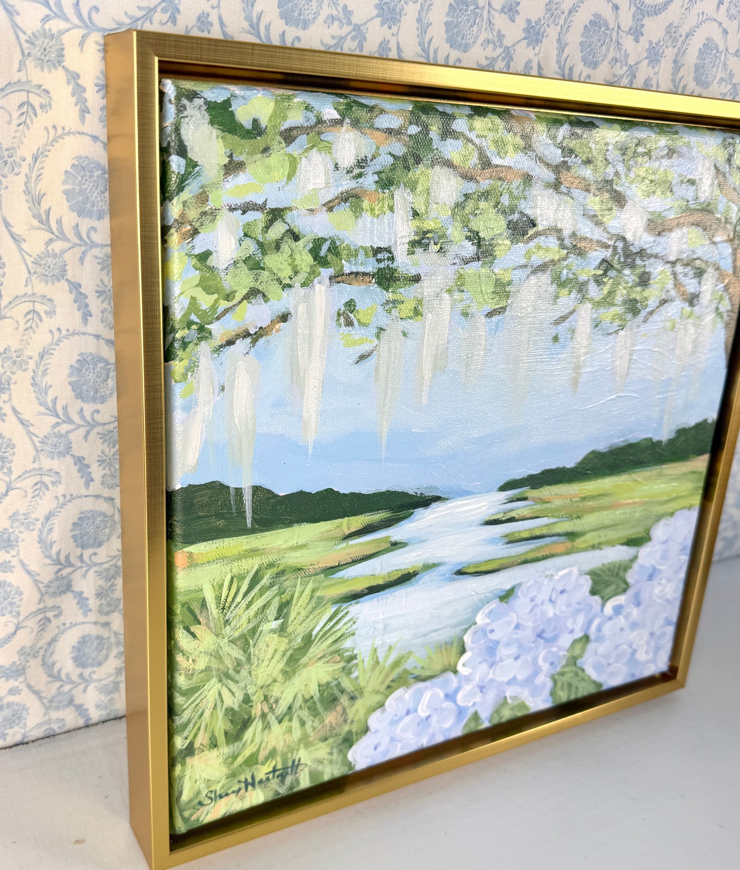 Southern Marsh Reverie — Original Acrylic Painting (Framed 13x13 Gold)