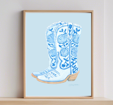 "Coastal Cowgirl" Shell Boots - BLUE Giclee Print