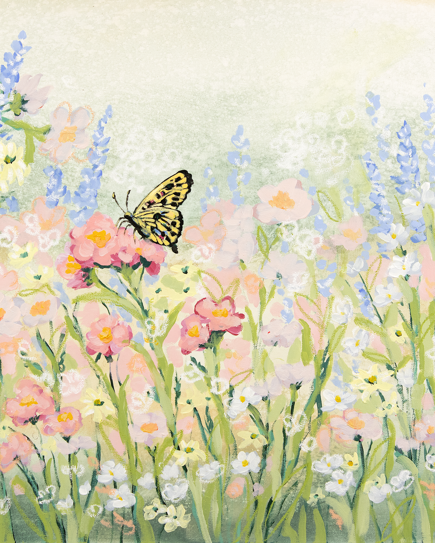 Spring Meadow — Pastel Wildflower & Butterfly Fine Art Print