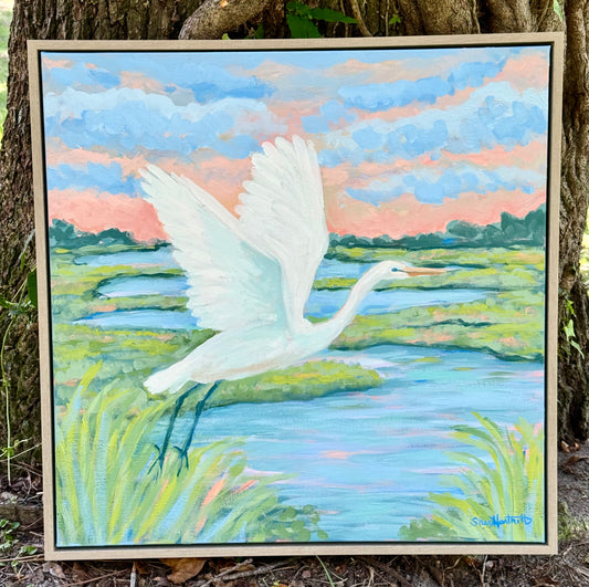 White Heron Marsh Sunset-Original Abstract Painting