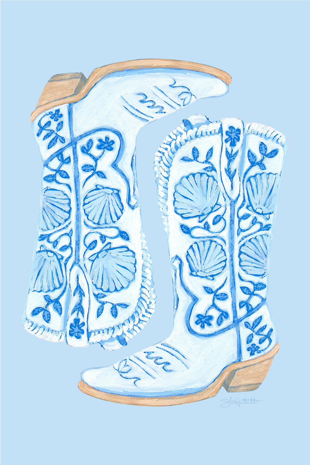 Coastal Cowgirl Boots — Blue & White Shell Fine Art Print