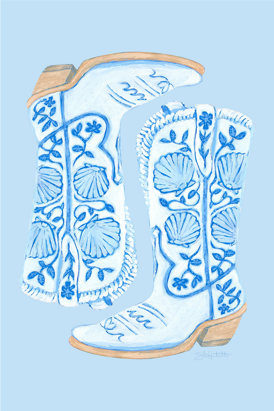 Coastal Cowgirl Boots — Blue & White Shell Fine Art Print
