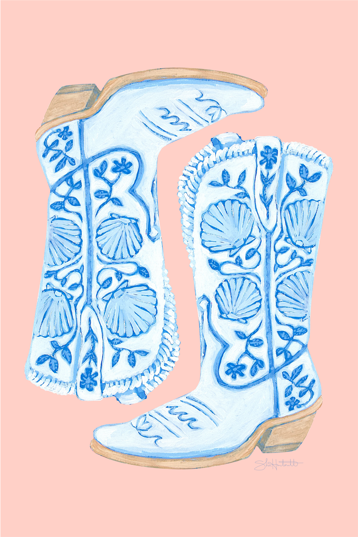 Coastal Cowgirl Boots — Blue & White Shell Fine Art Print