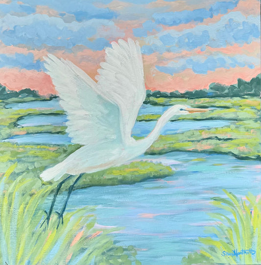 White Heron Marsh Sunset-Original Abstract Painting