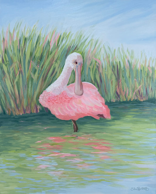 Pink Serenity – Original Roseate Spoonbill Painting 24x30 | Coastal Southern Marsh Art