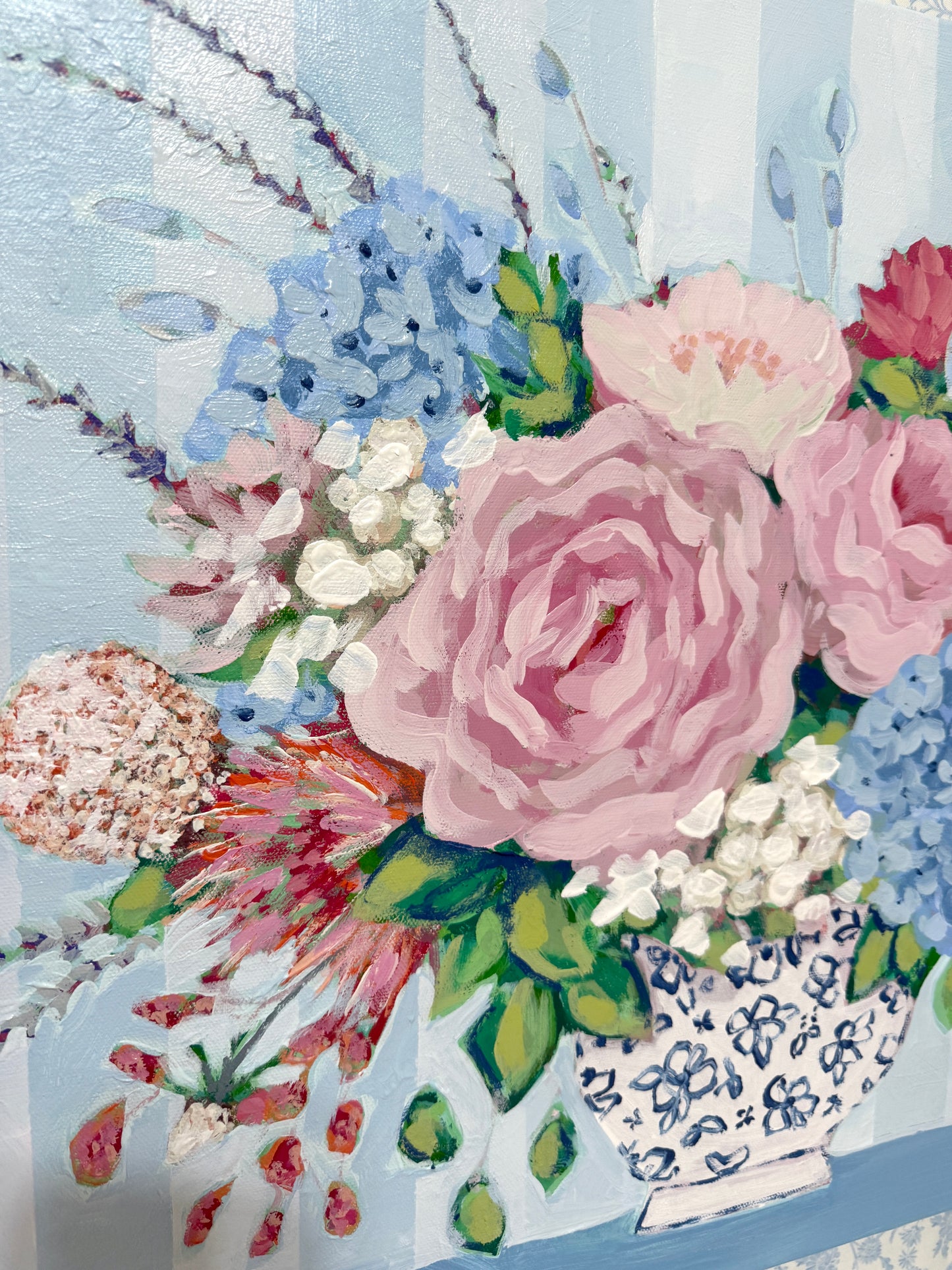 Porcelain Blooms | Original Floral Still Life Painting on Canvas | Blue & White Coastal Artwork | 18x24 Acrylic Painting