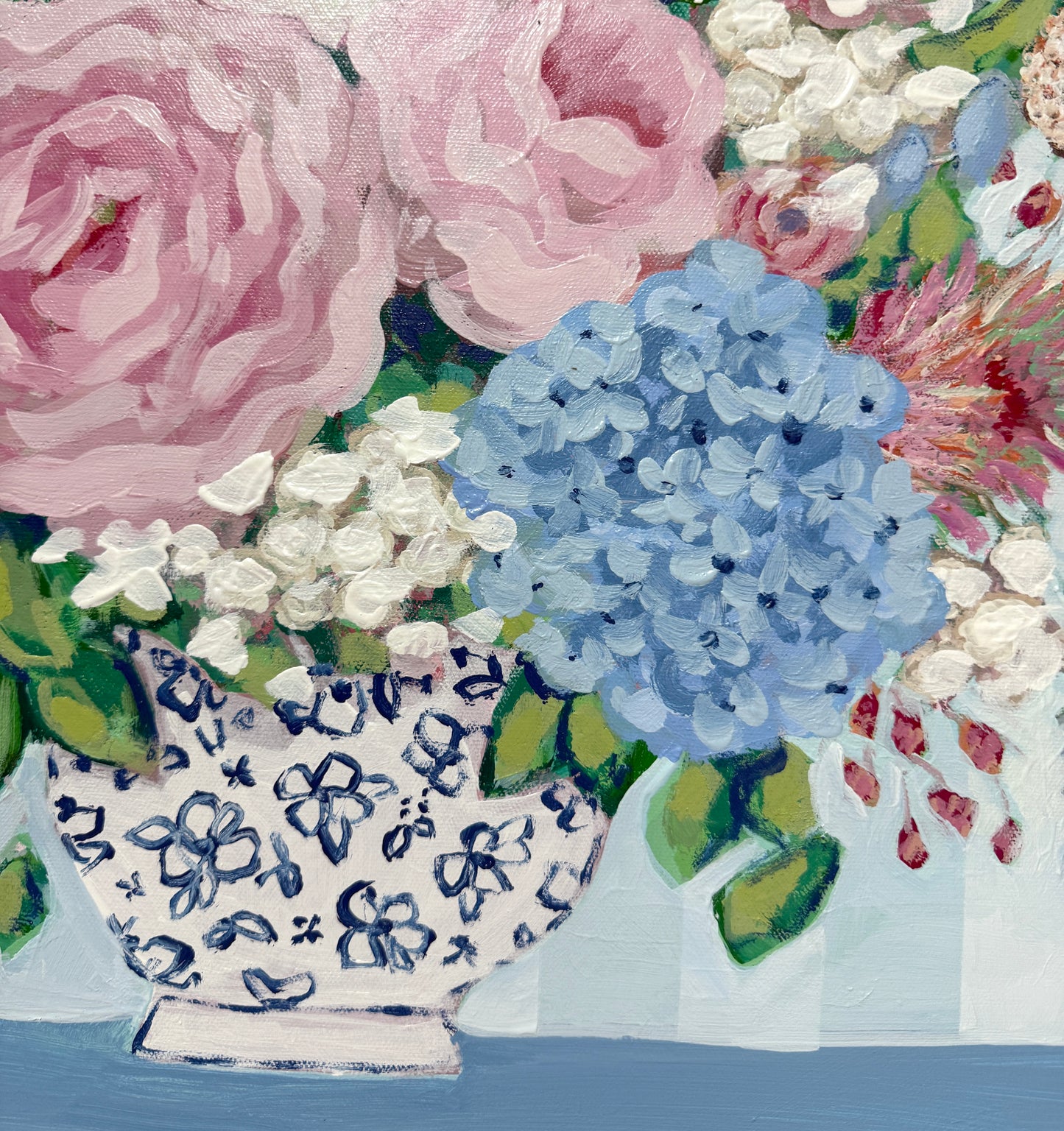 Porcelain Blooms | Original Floral Still Life Painting on Canvas | Blue & White Coastal Artwork | 18x24 Acrylic Painting