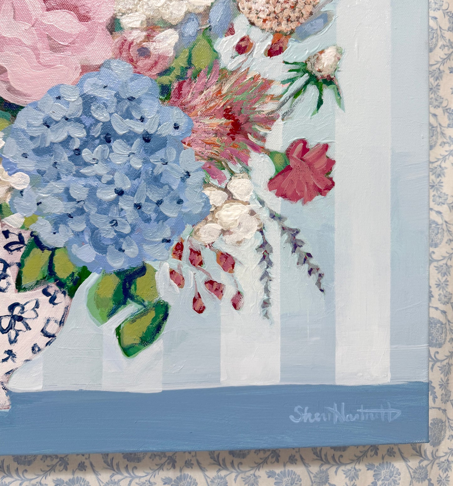 Porcelain Blooms | Original Floral Still Life Painting on Canvas | Blue & White Coastal Artwork | 18x24 Acrylic Painting
