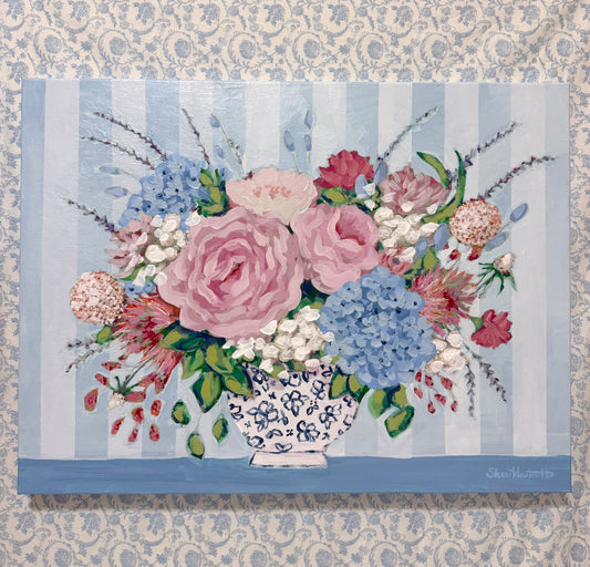 Porcelain Blooms | Original Floral Still Life Painting on Canvas | Blue & White Coastal Artwork | 18x24 Acrylic Painting