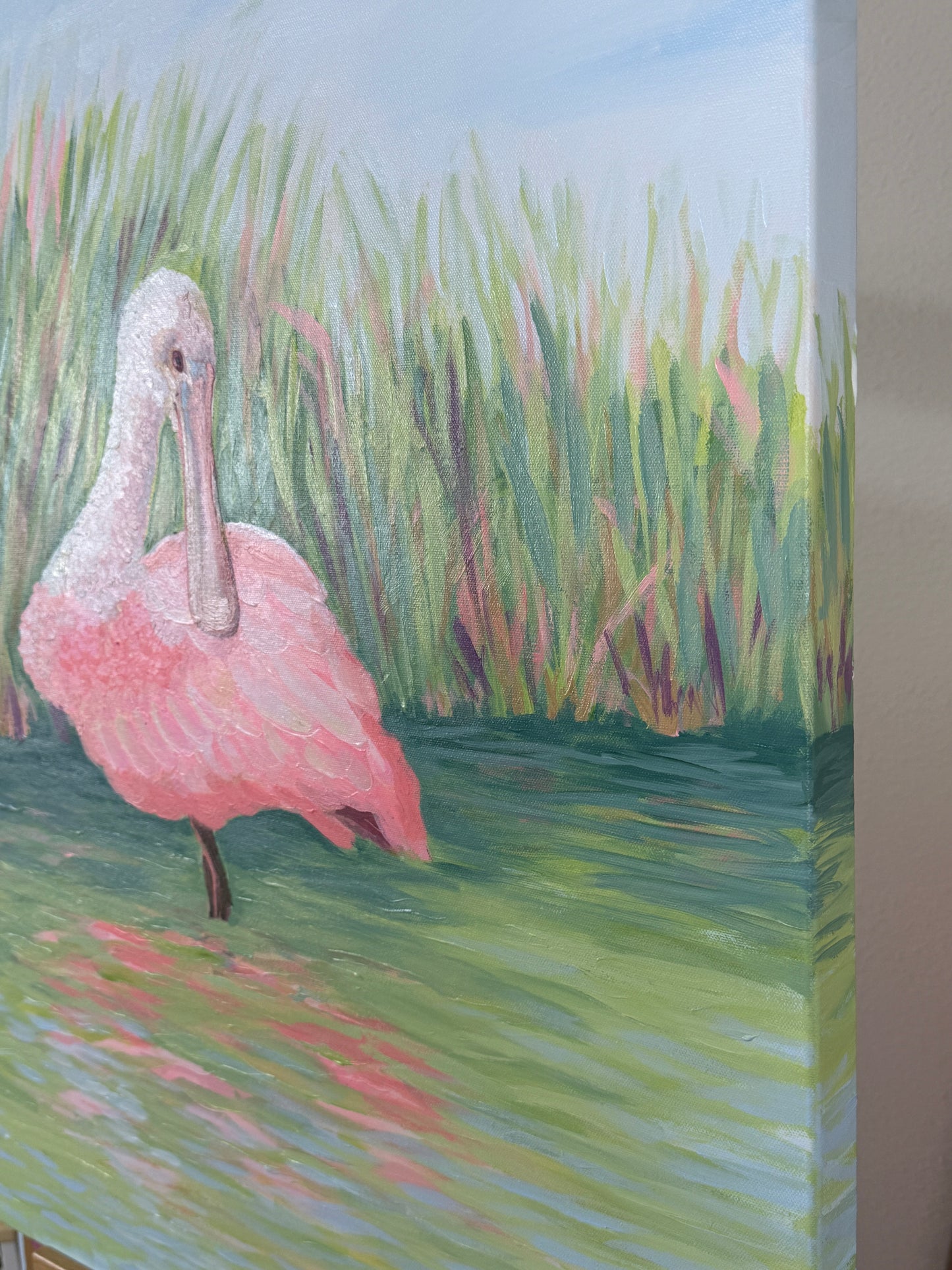 Pink Serenity – Original Roseate Spoonbill Painting 24x30 | Coastal Southern Marsh Art