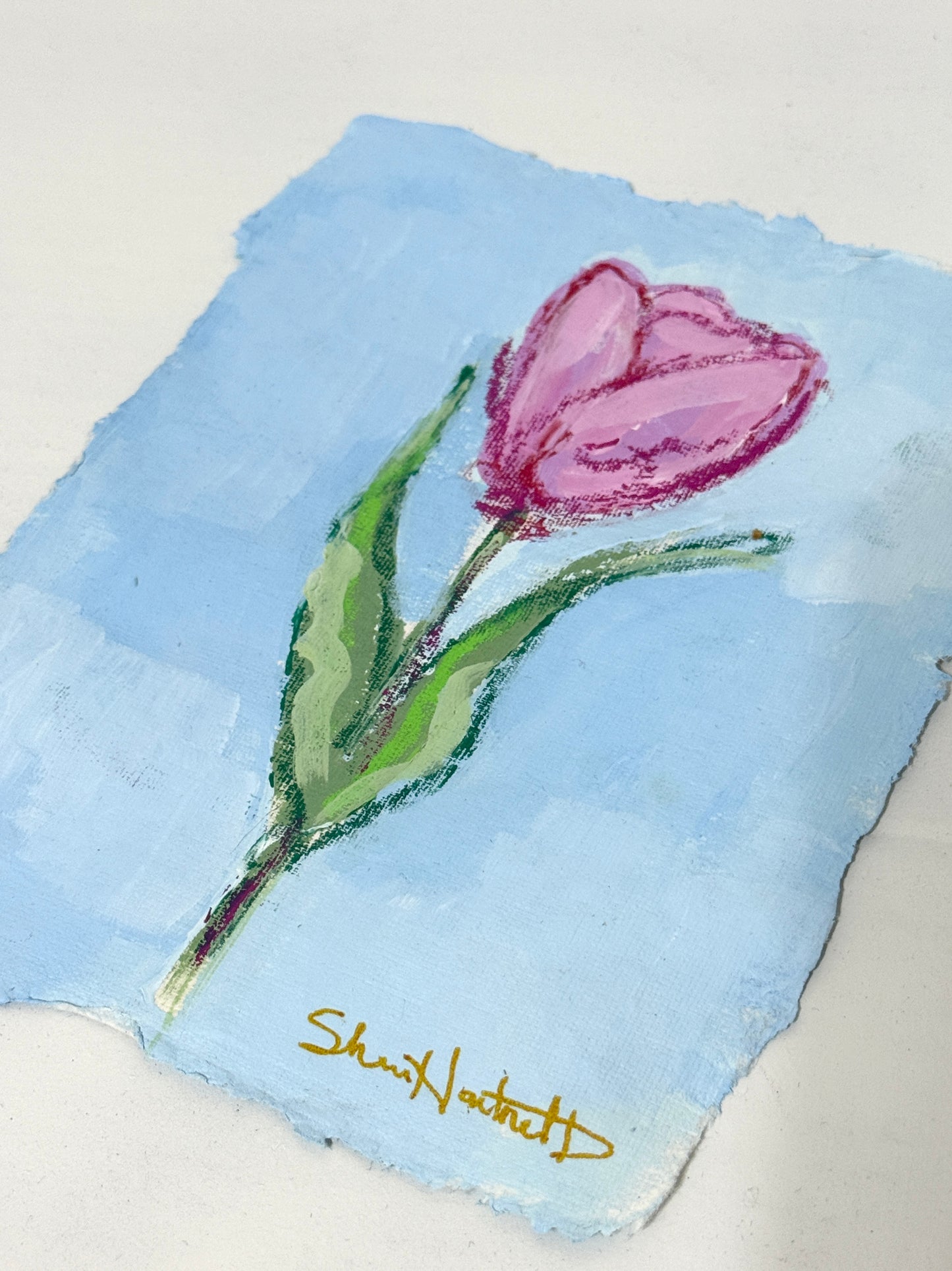 Pink Tulips No. 2 — Single Tulip on Deckled Paper