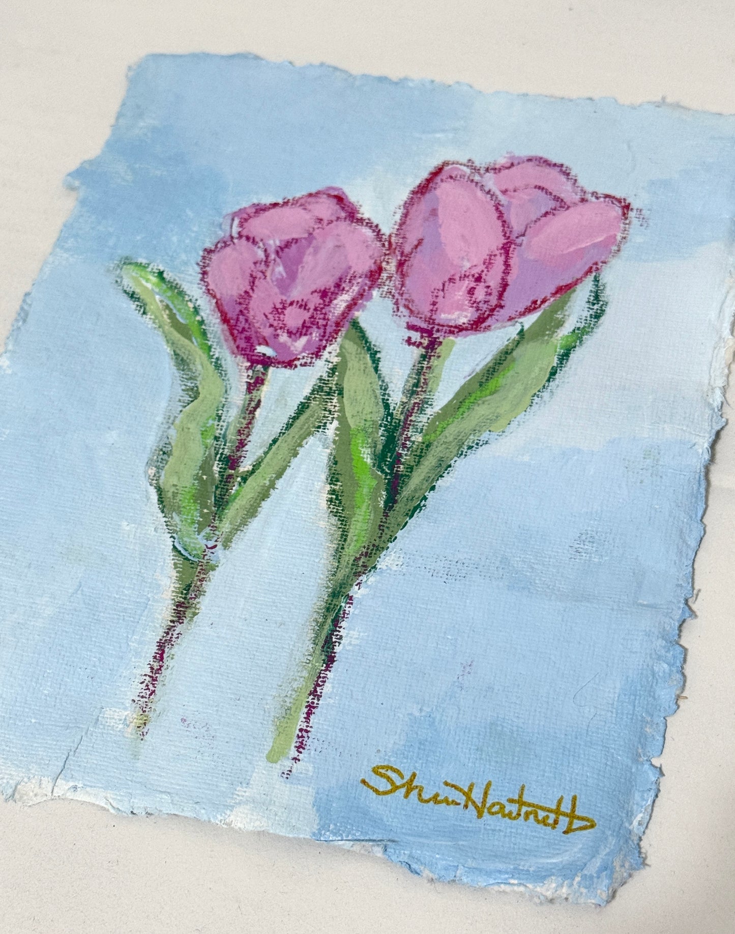 Pink Tulips No. 6 — Pair of Tulips on Deckled Paper