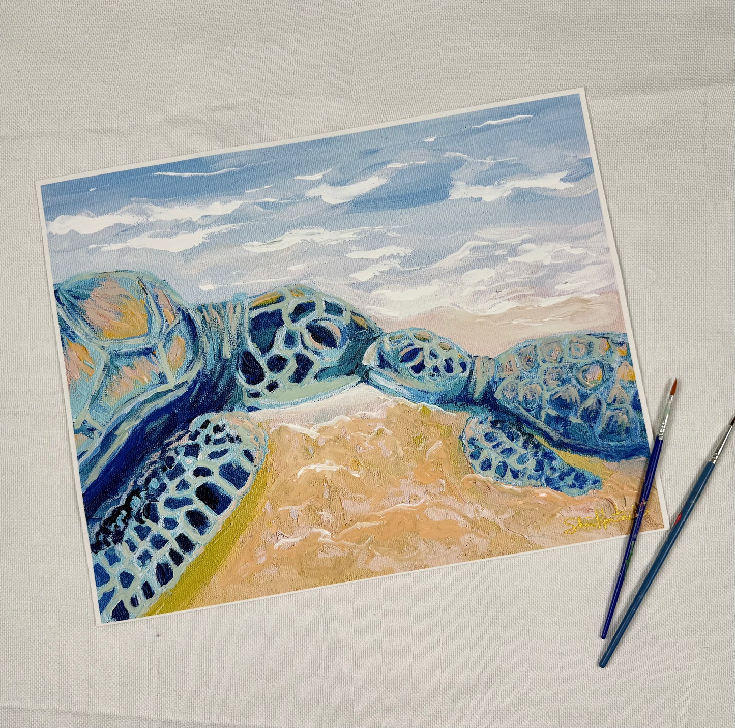 Hand-embellished -"First Meeting" Sea Turtle -Canvas Print 11x14