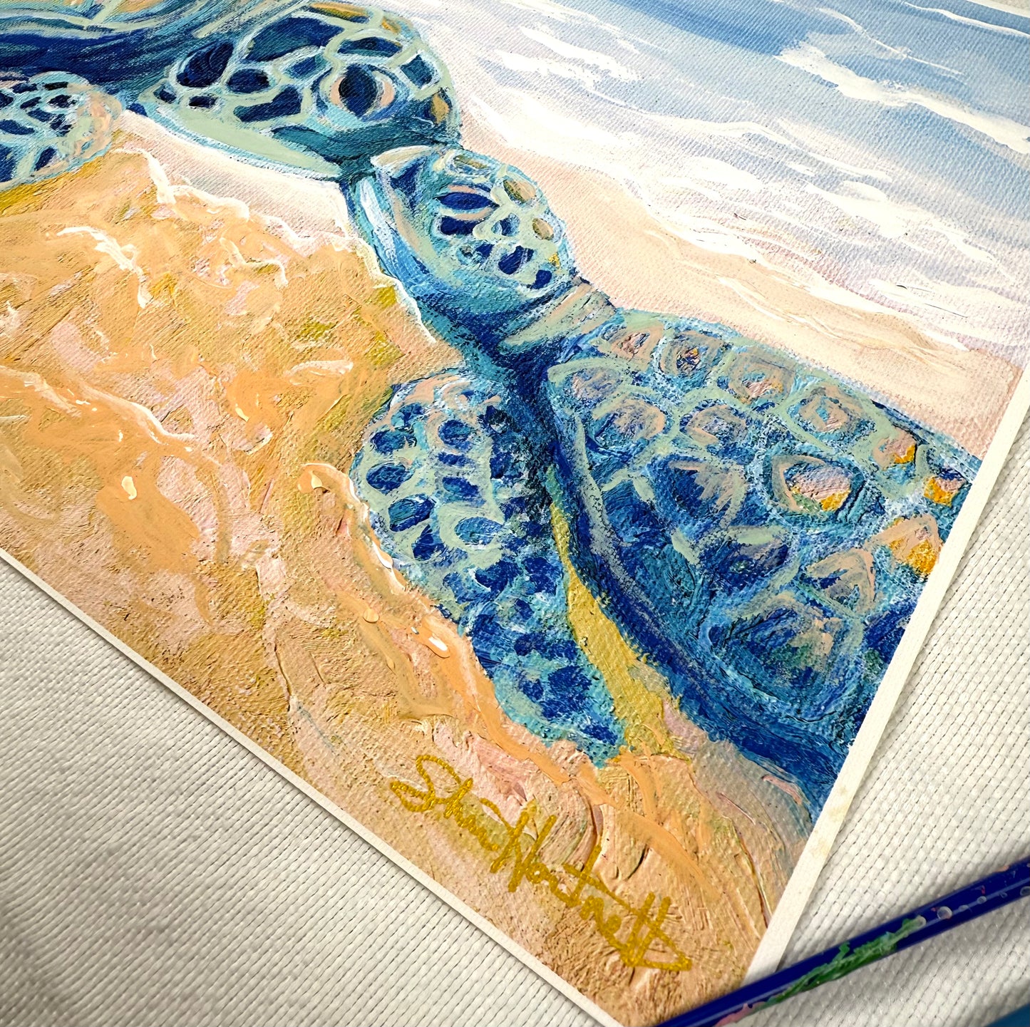 Hand-embellished -"First Meeting" Sea Turtle -Canvas Print 11x14
