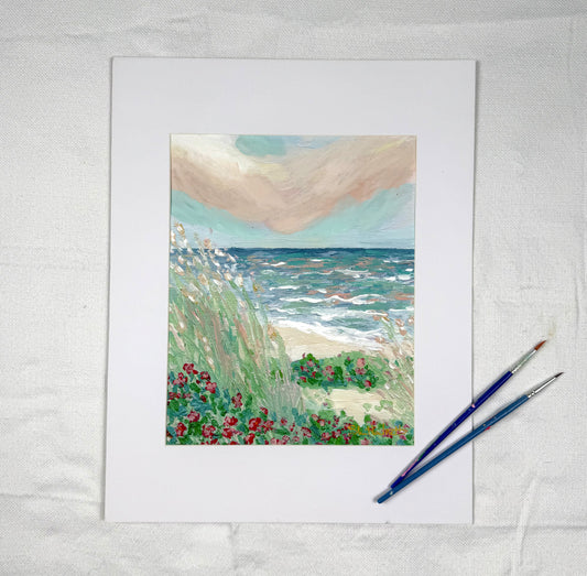 Hand-embellished -"Sunset Walk" Beach -Canvas Print 8x10