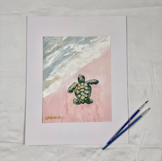 Hand-embellished -"First Swim" Sea Turtle -Canvas Print 8x10