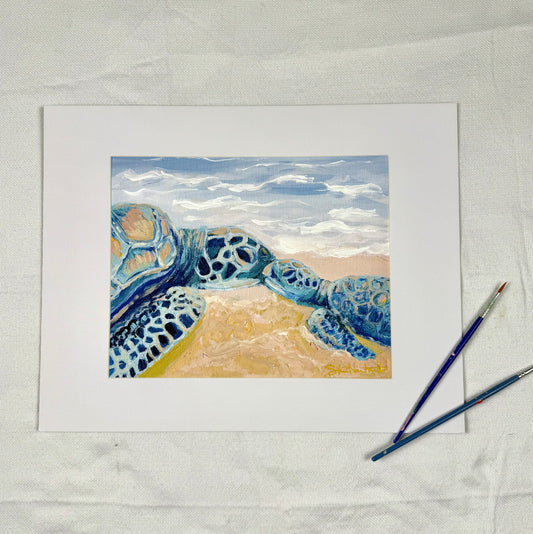 Hand-embellished -"First Meeting" Sea Turtle -Canvas Print 8x10