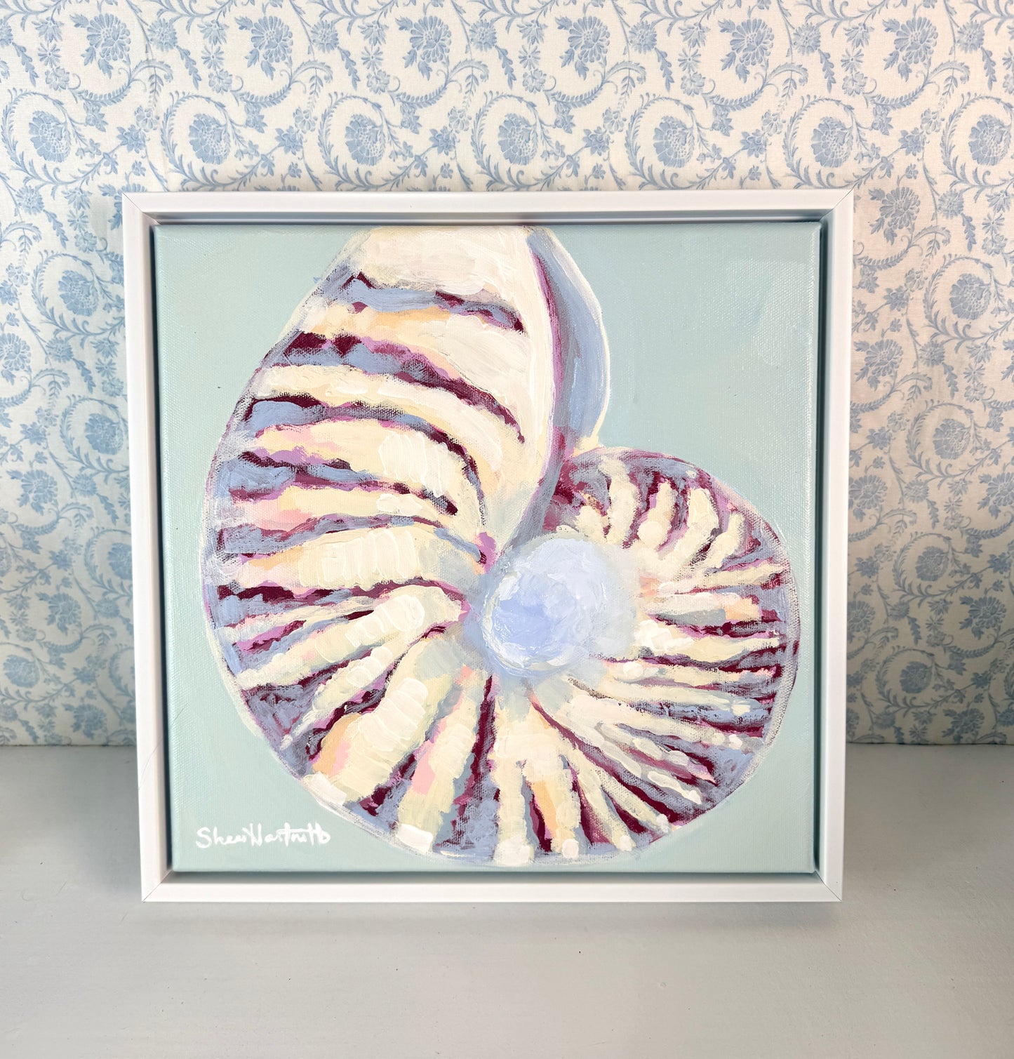 Chambered Nautilus — Original Acrylic Shell Painting (Framed 13x13)