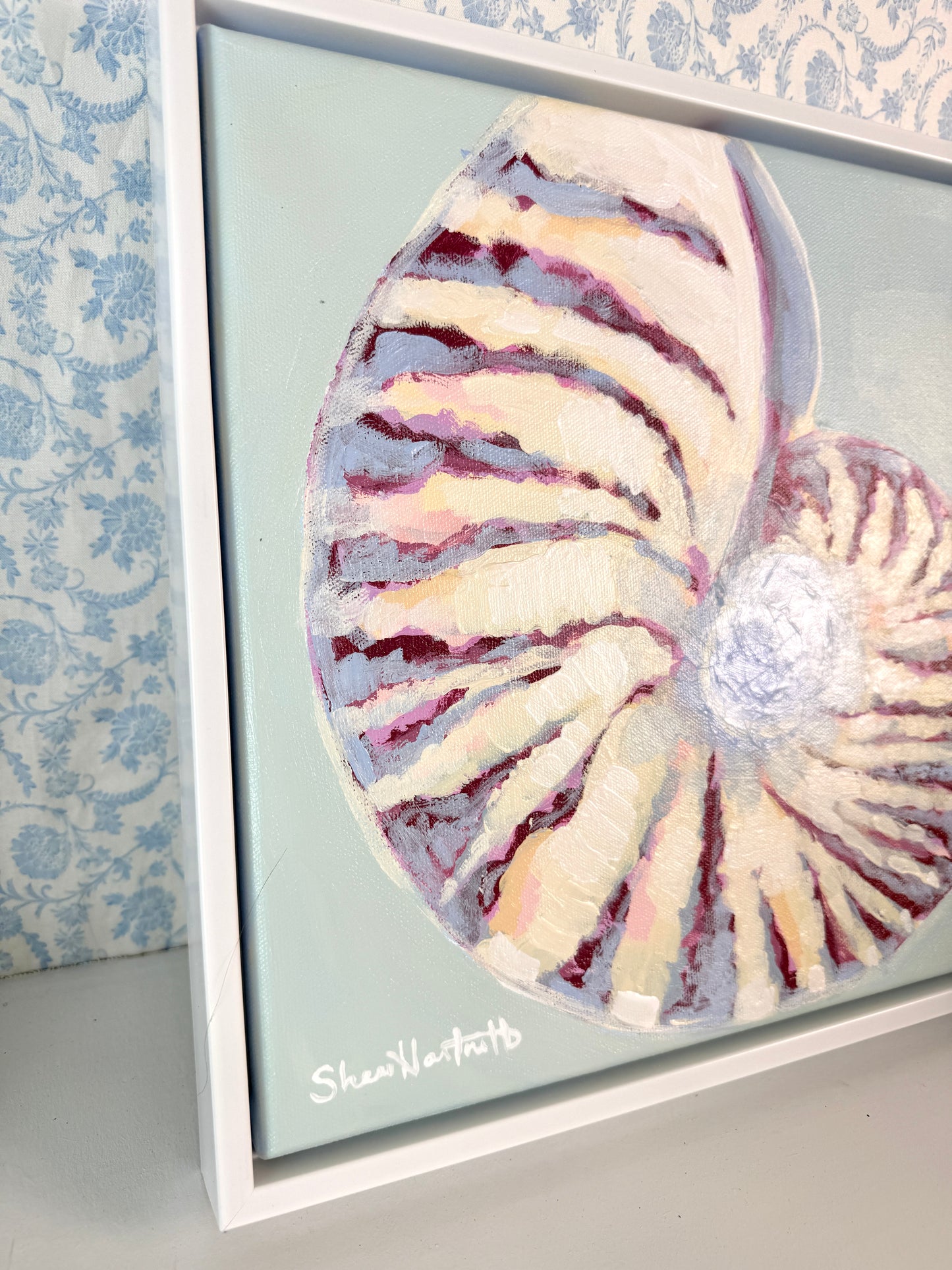 Chambered Nautilus — Original Acrylic Shell Painting (Framed 13x13)