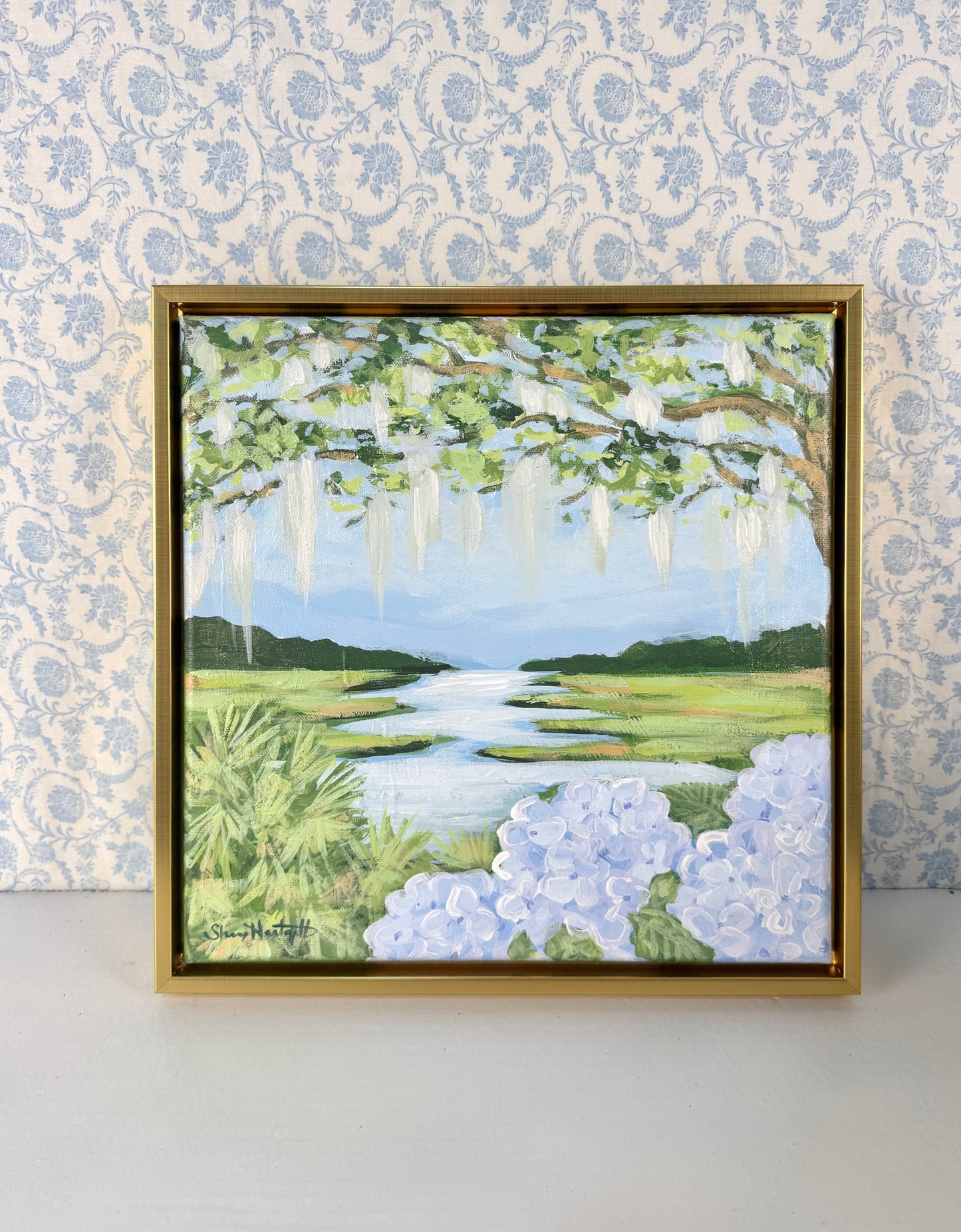 Southern Marsh Reverie — Original Acrylic Painting (Framed 13x13 Gold)