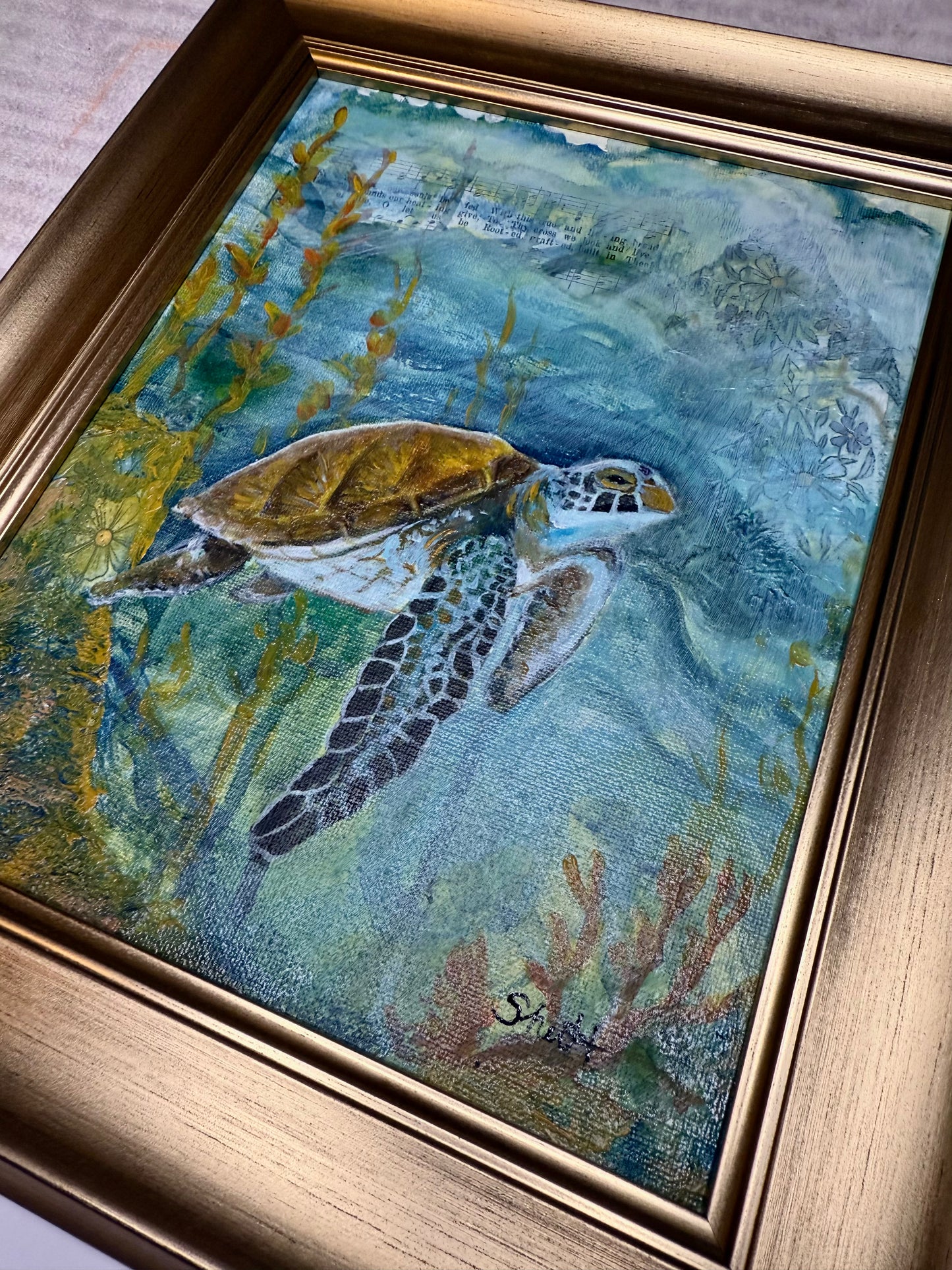 Framed Sea Turtle Original Oil Painting