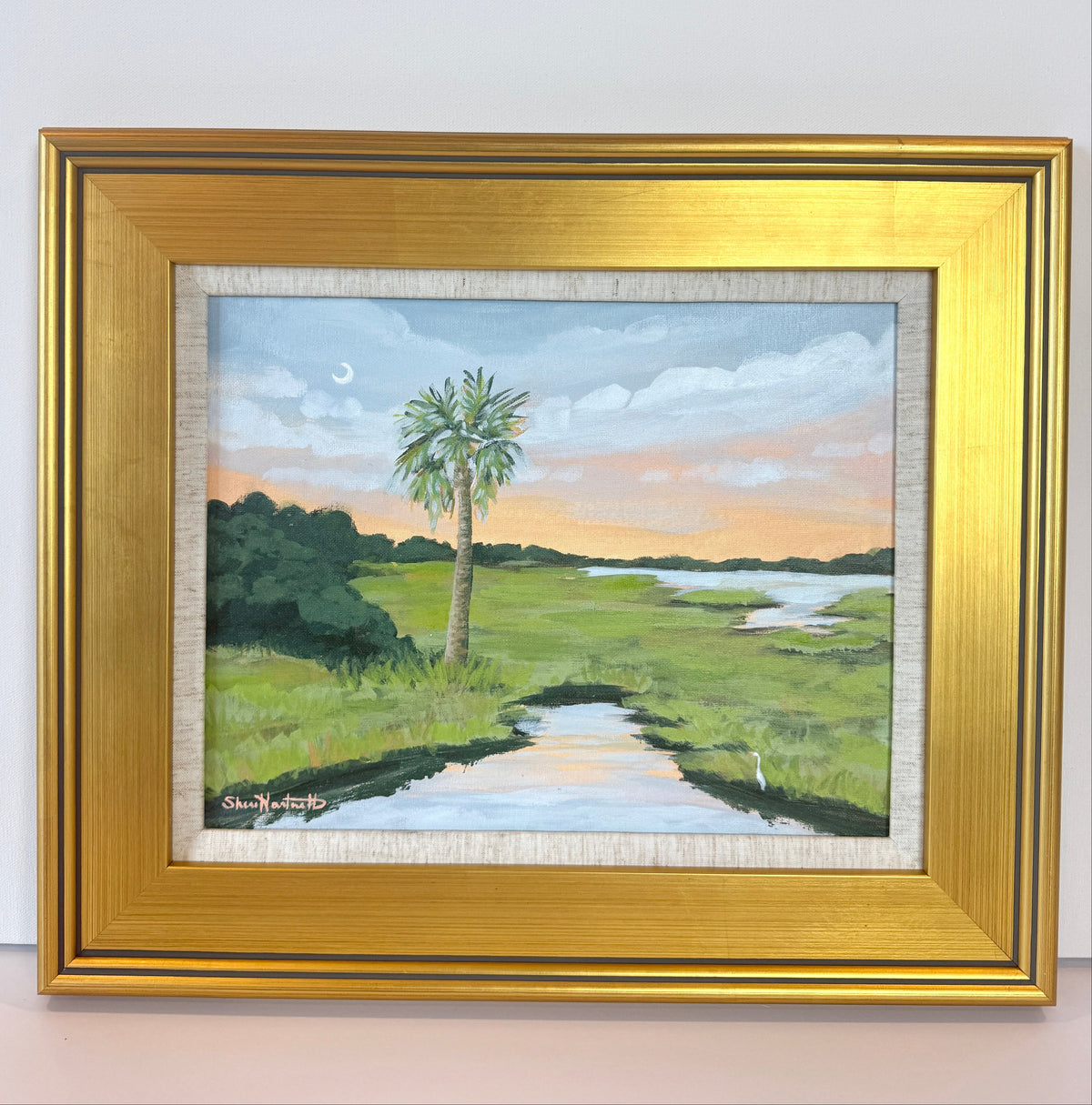 Palmetto and Moon - Original Painting - Framed Gold Plein Air