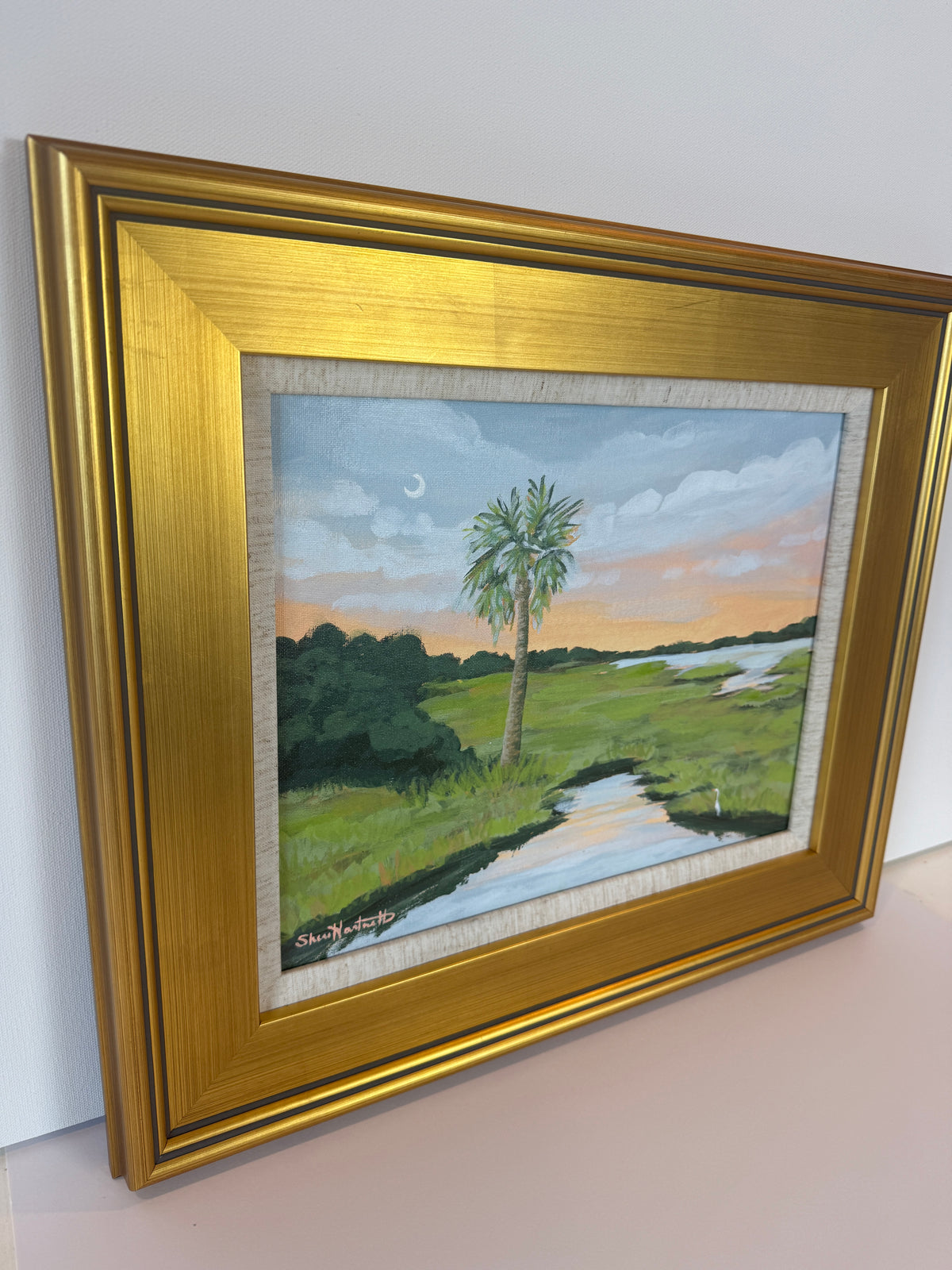 Palmetto and Moon - Original Painting - Framed Gold Plein Air