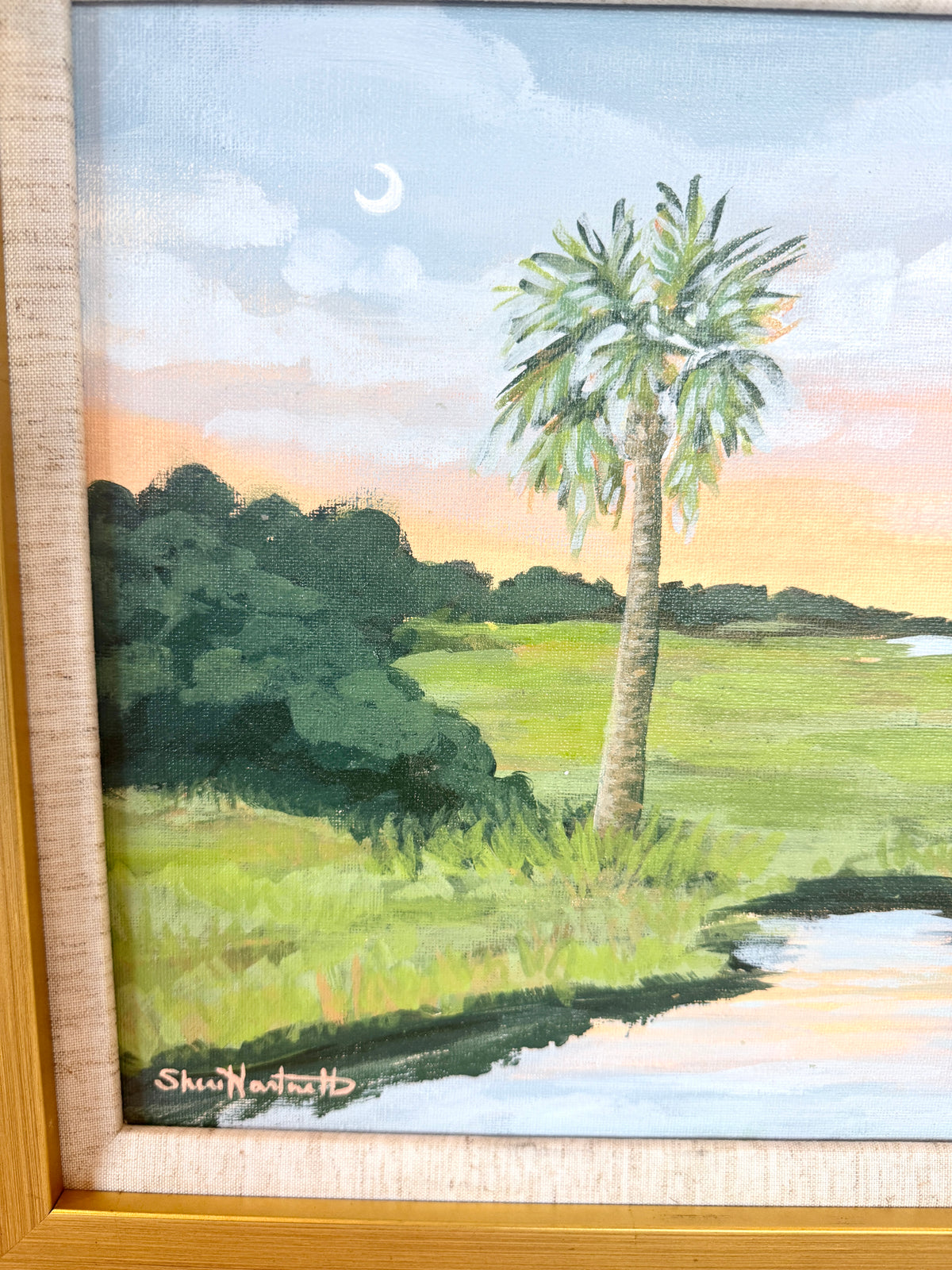 Palmetto and Moon - Original Painting - Framed Gold Plein Air