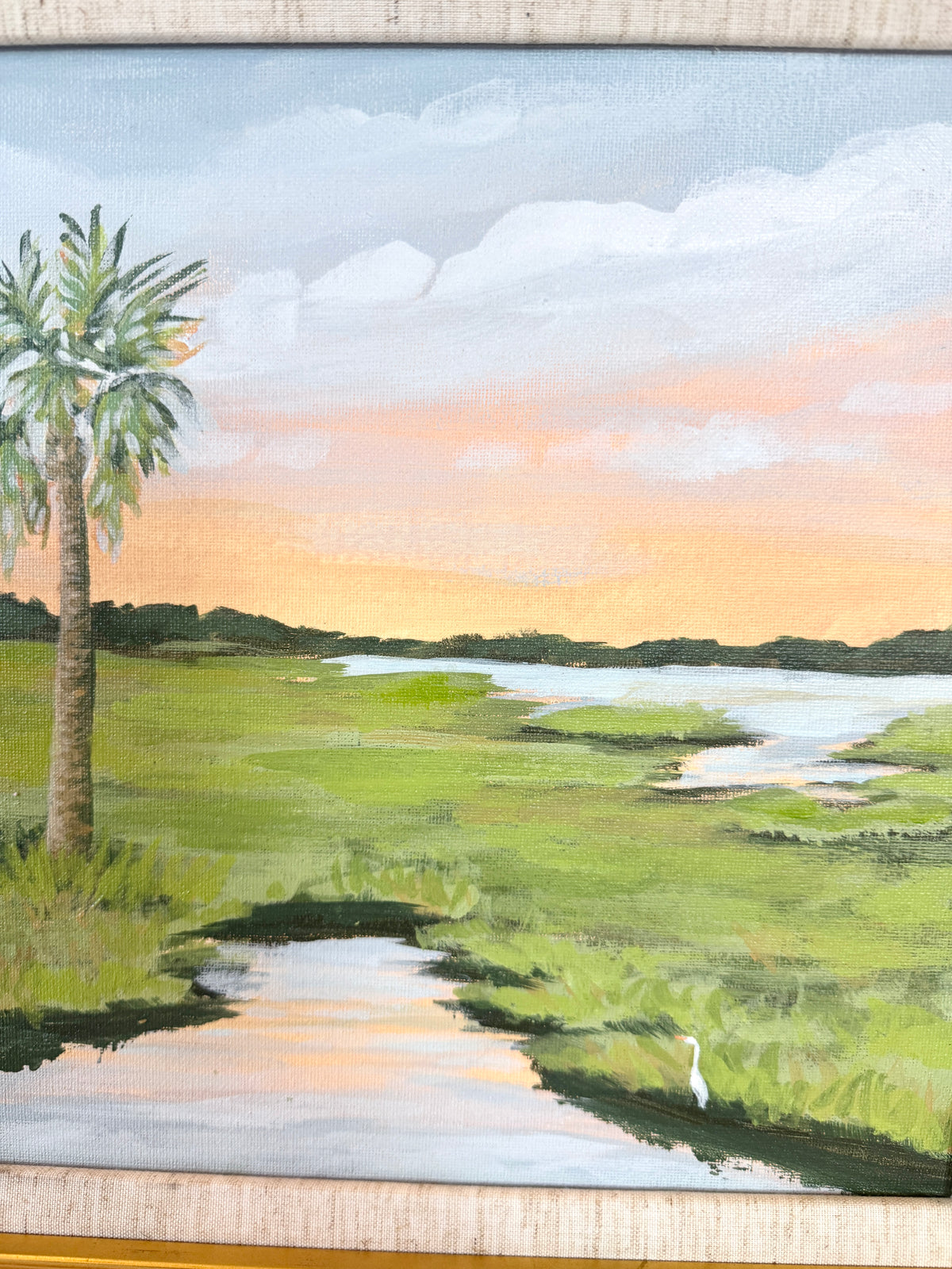 Palmetto and Moon - Original Painting - Framed Gold Plein Air