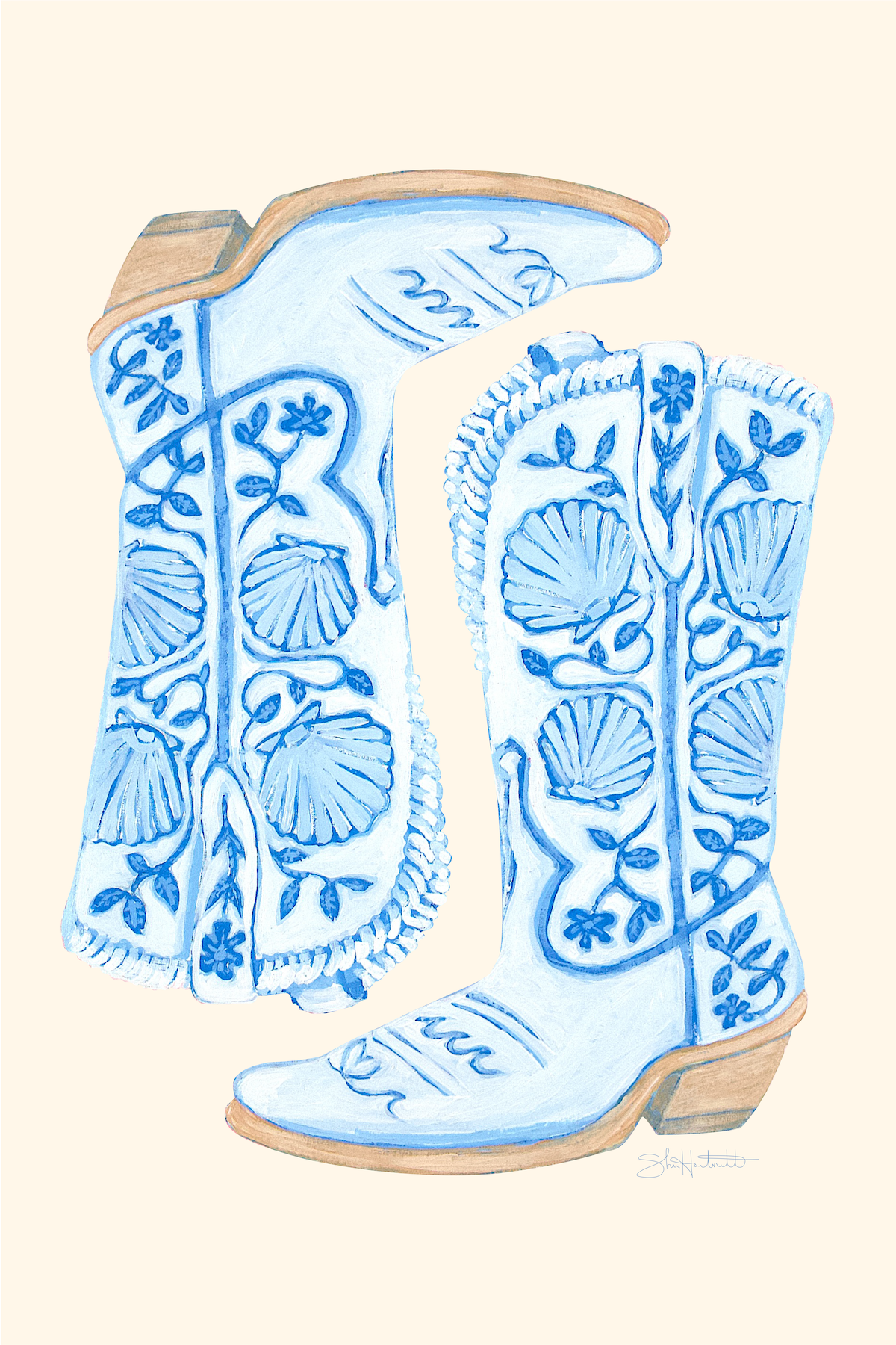 Coastal Cowgirl Boots — Blue & White Shell Fine Art Print