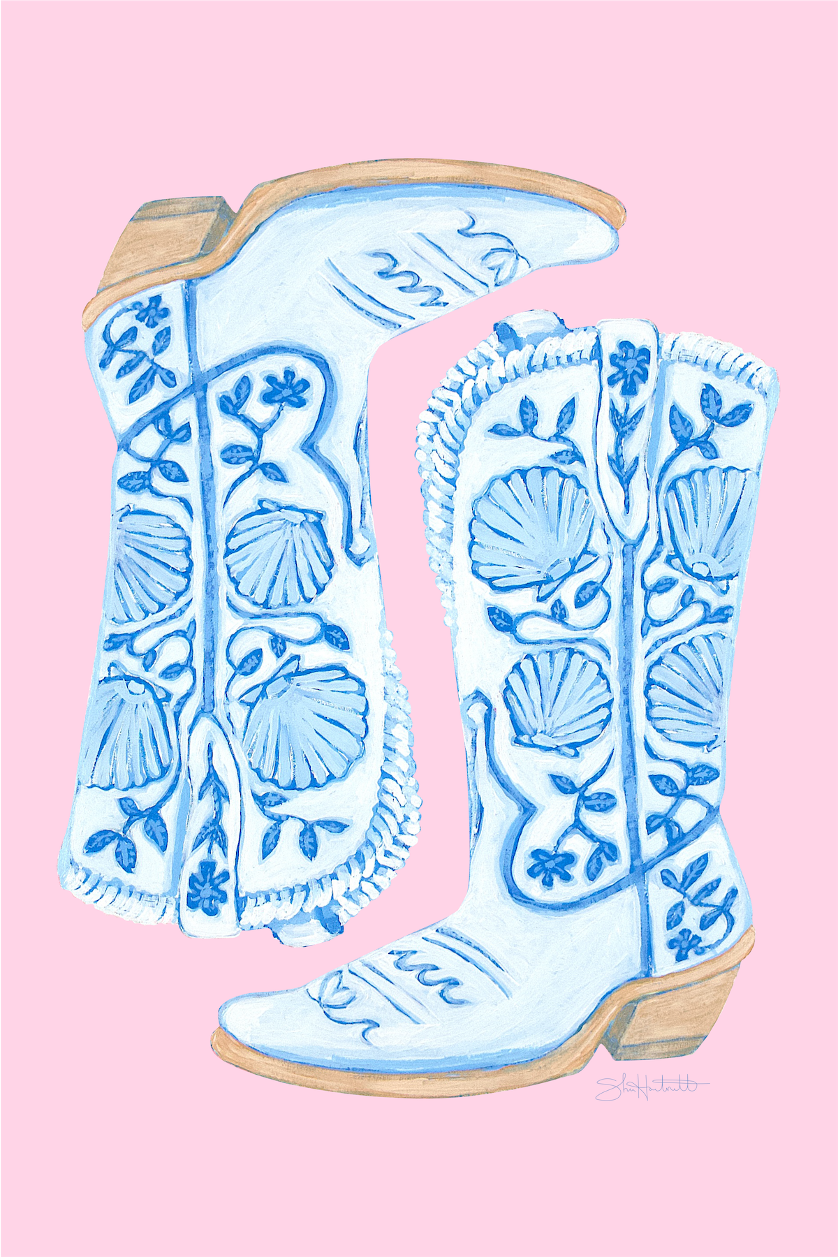 Coastal Cowgirl Boots — Blue & White Shell Fine Art Print