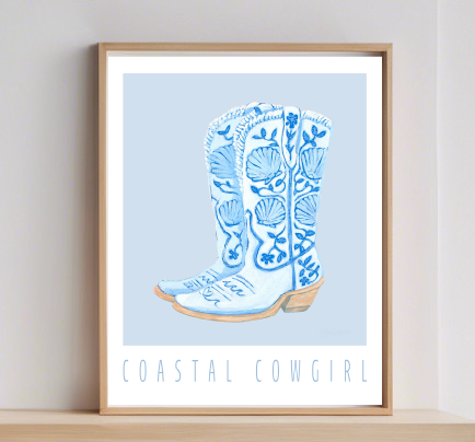 "Coastal Cowgirl" Shell Boots - BLUE Giclee Print