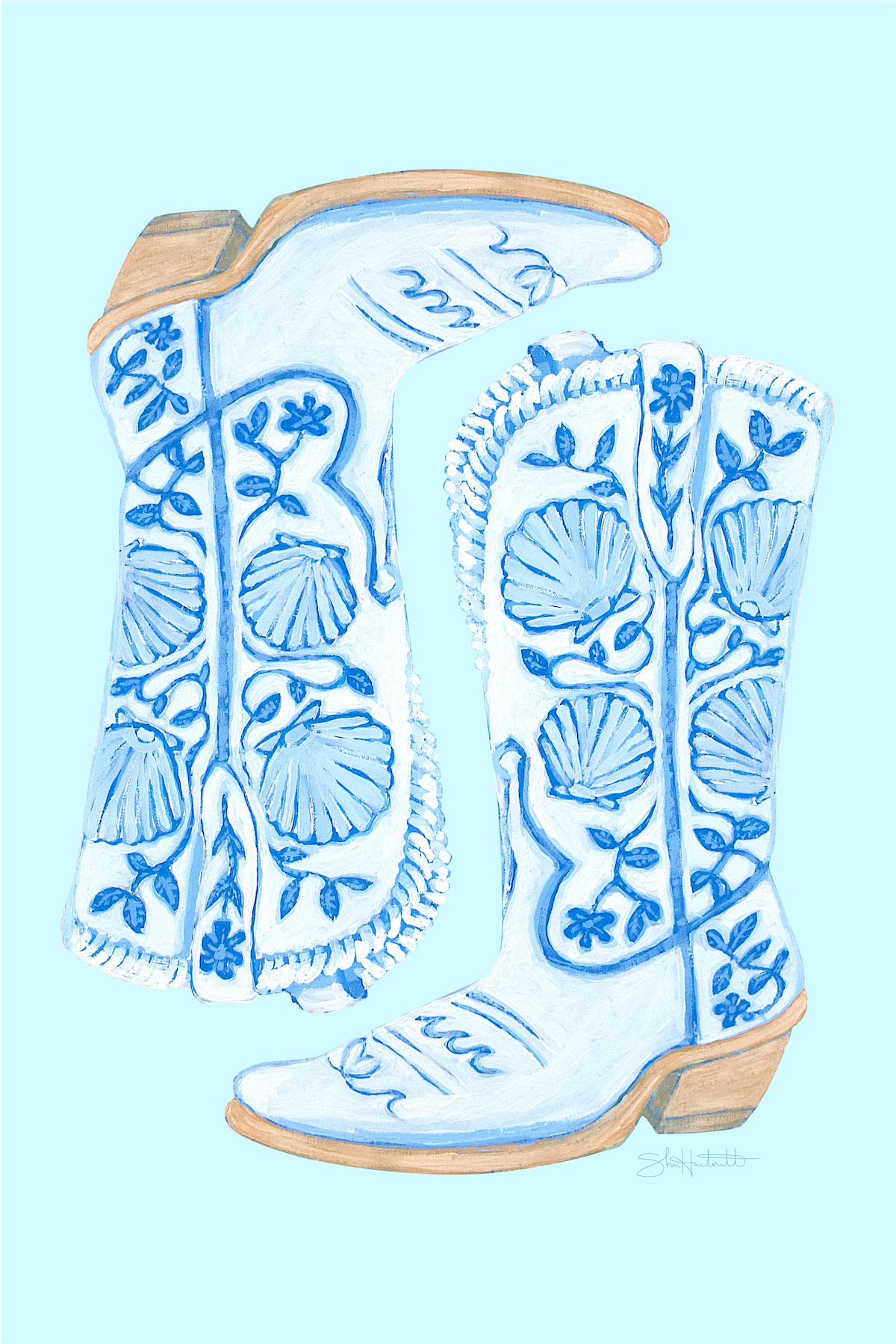 Coastal Cowgirl Boots — Blue & White Shell Fine Art Print