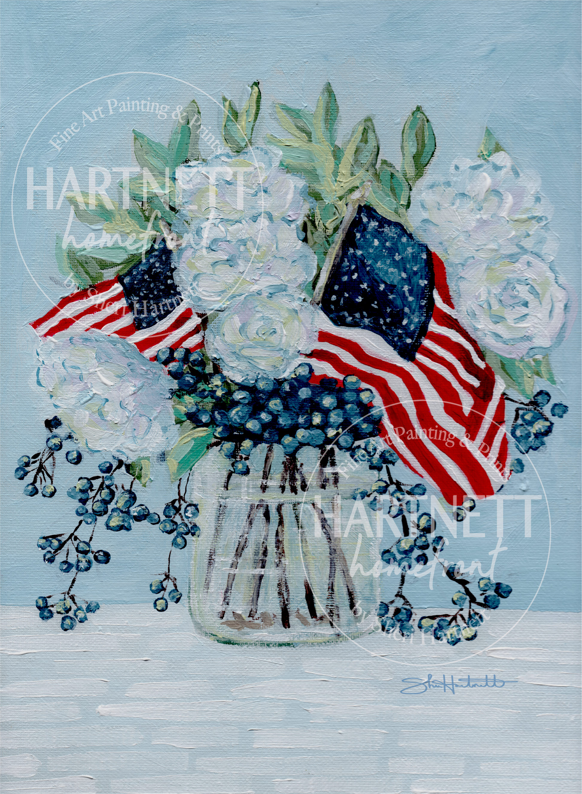 "America the Beautiful" original painting by Sheri Hartnett — a soft patriotic still life with white hydrangeas, white roses, navy berries, and two small American flags in a clear glass jar against a powder blue background.