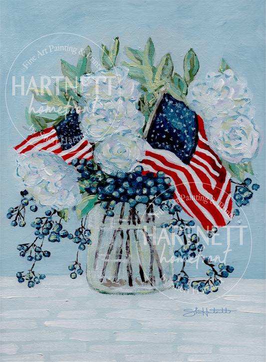 "America the Beautiful" original painting by Sheri Hartnett — a soft patriotic still life with white hydrangeas, white roses, navy berries, and two small American flags in a clear glass jar against a powder blue background.