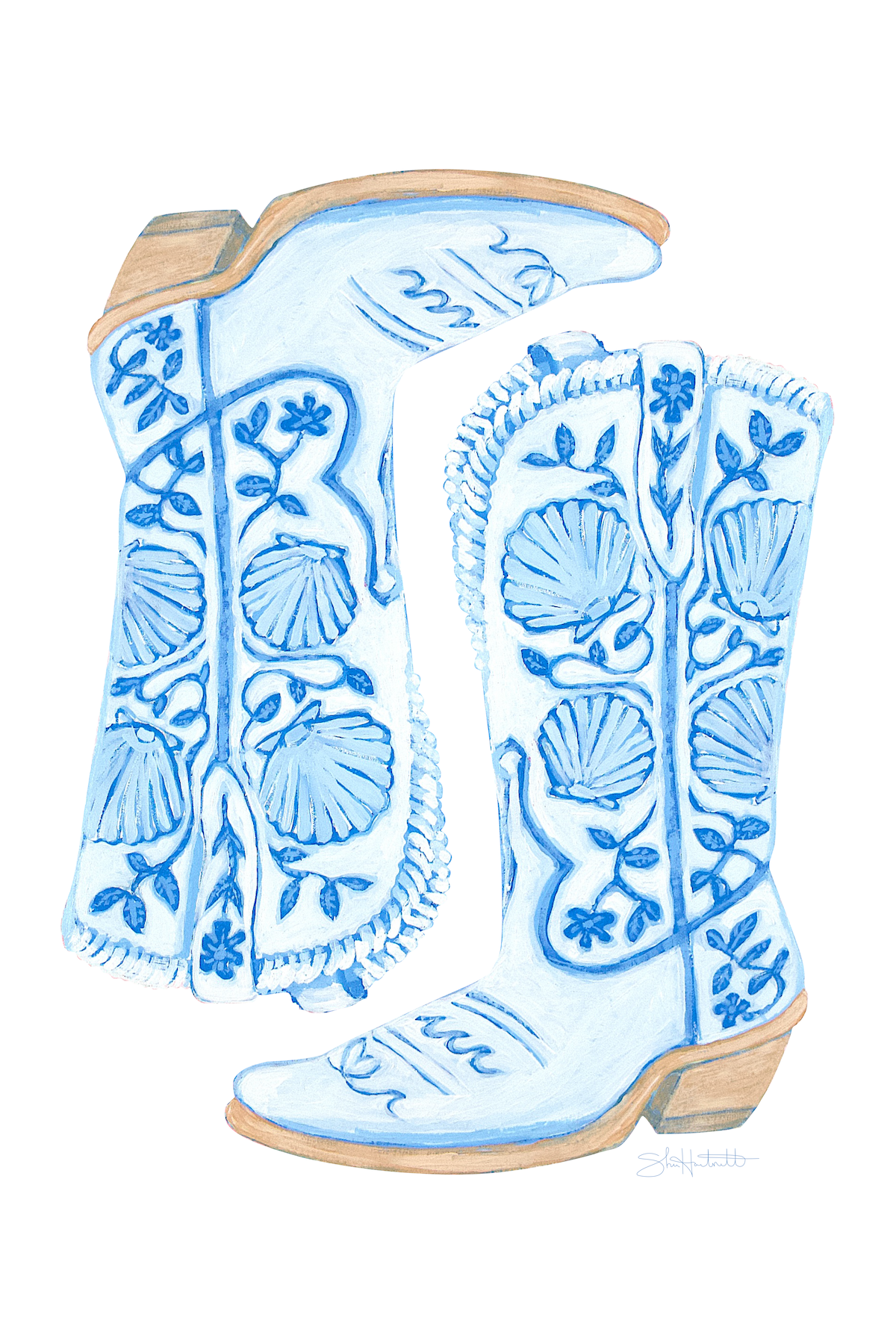 Coastal Cowgirl Boots — Blue & White Shell Fine Art Print