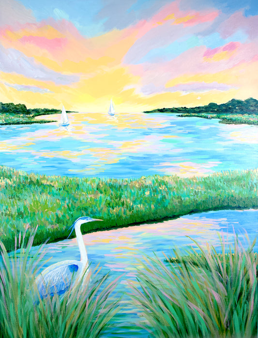 Golden Hour Marsh I — Heron at Sunset Lowcountry Fine Art Print