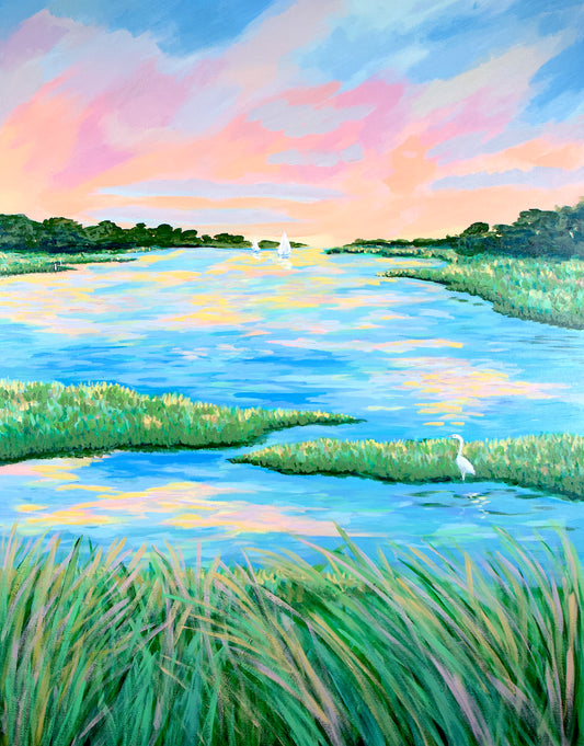 Golden Hour Marsh II — Egret at Sunset Lowcountry Fine Art Print