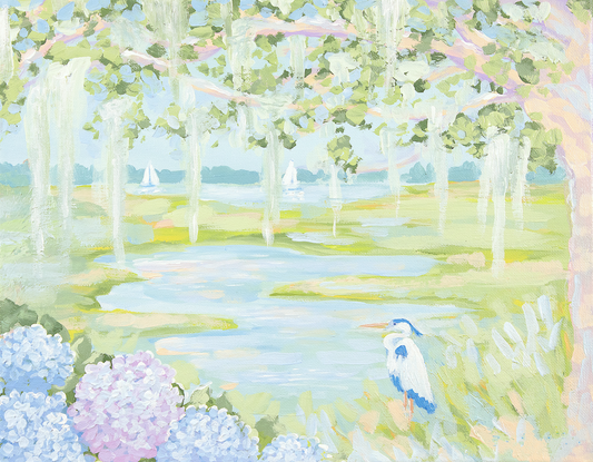 Lowcountry Lullaby — Heron, Hydrangeas & Sailboats Fine Art Print