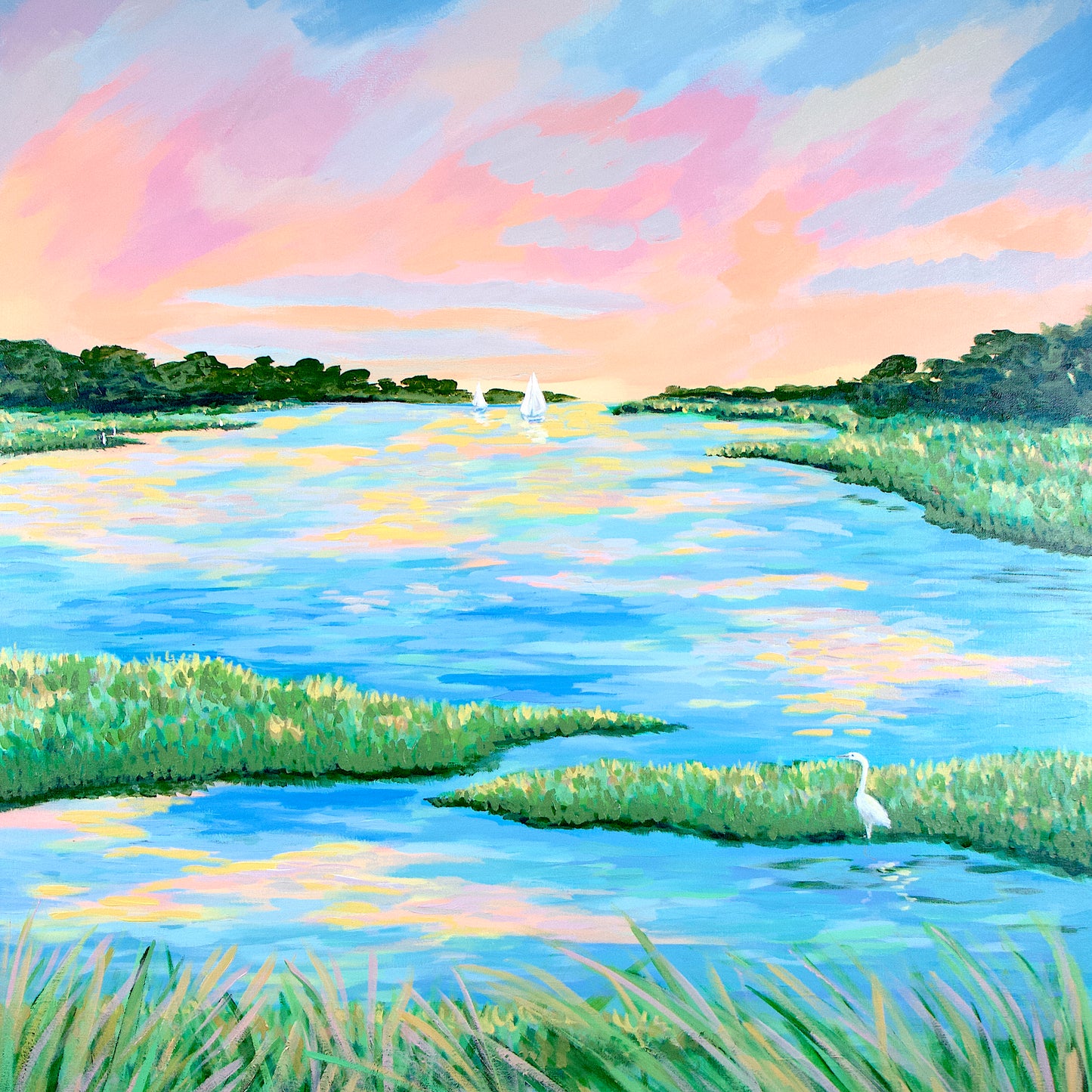 Golden Hour 2 – Coastal Marsh Sunset Acrylic Block Art Print | 4x4 Pack of 4 or 8x8 Pack of 2 | Wholesale Coastal Decor
